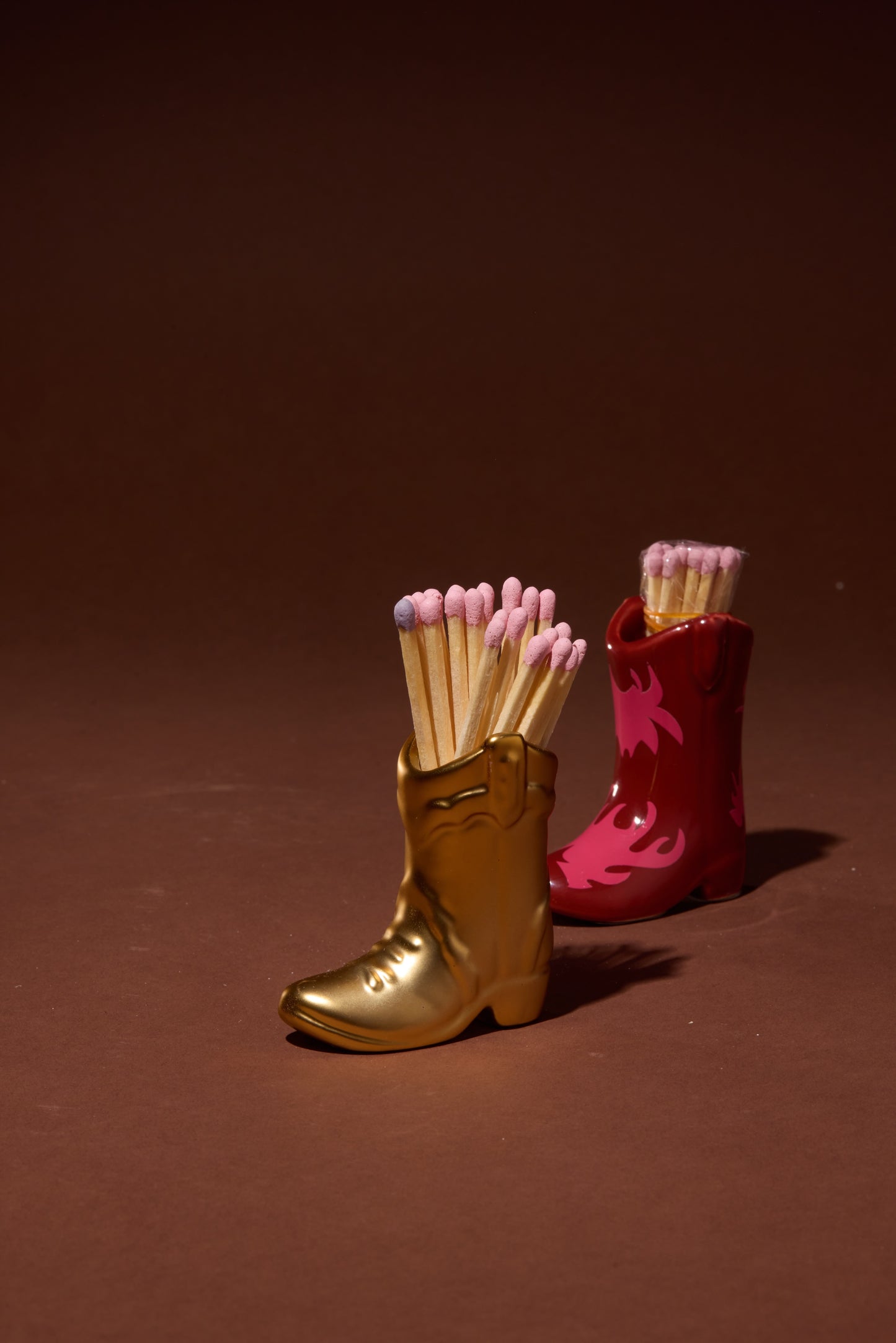 Gold Ceramic Cowboy Boot Match Holder with 25 Matches