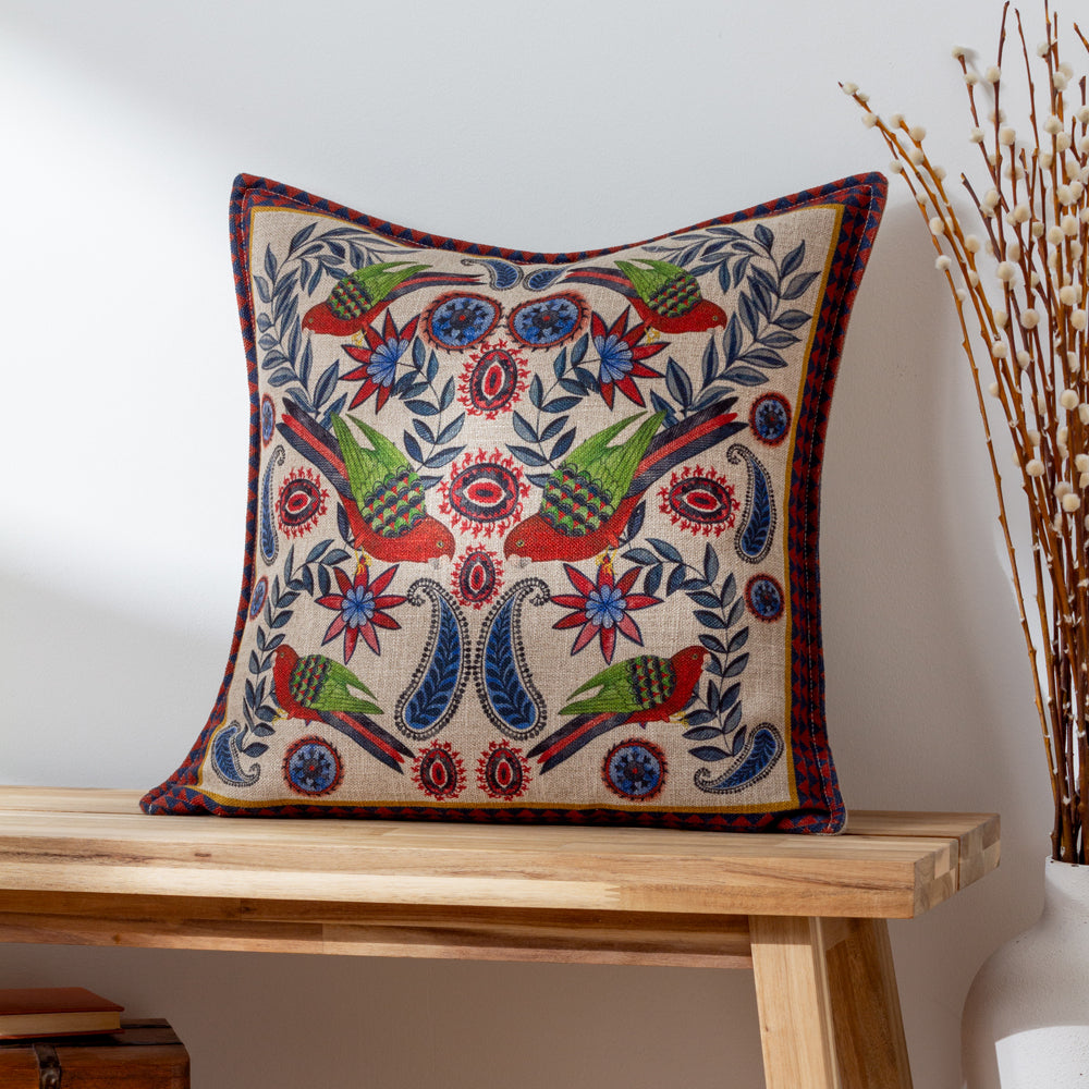 Akamba Mirrored Parrots Cushion - Navy/Red