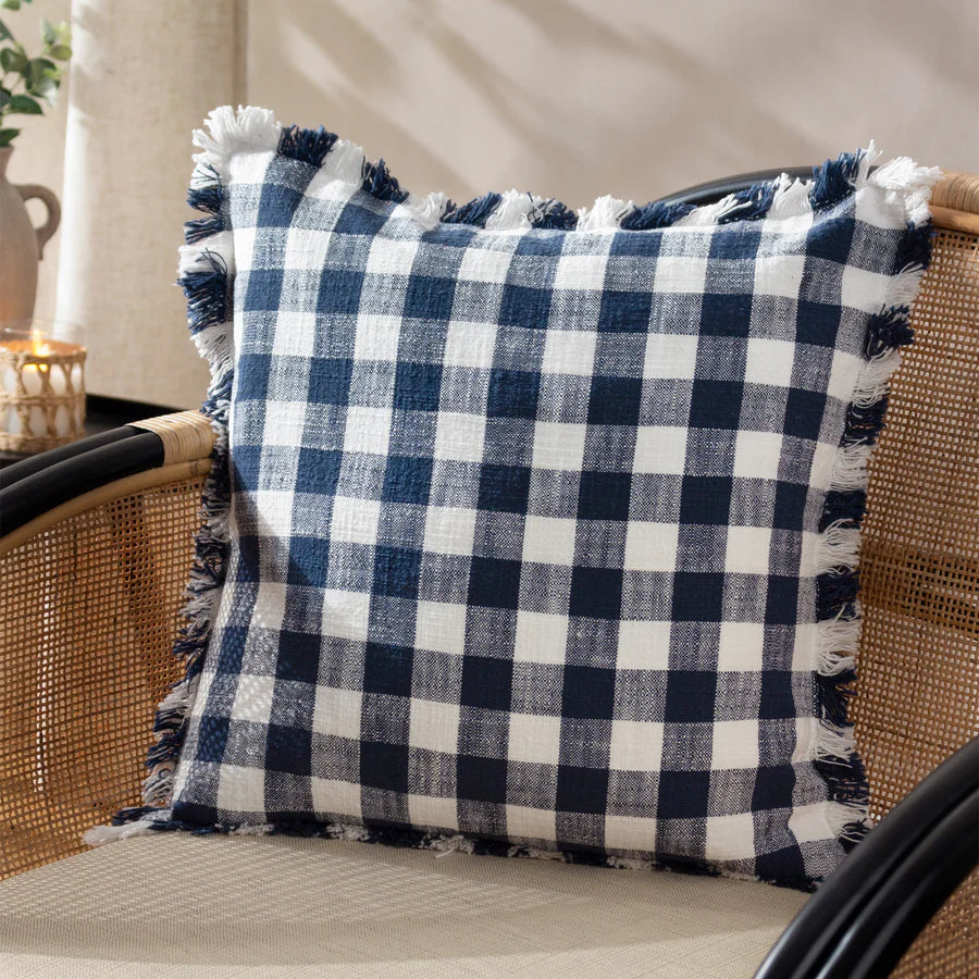 Barton Check Fringed Cushion - Navy