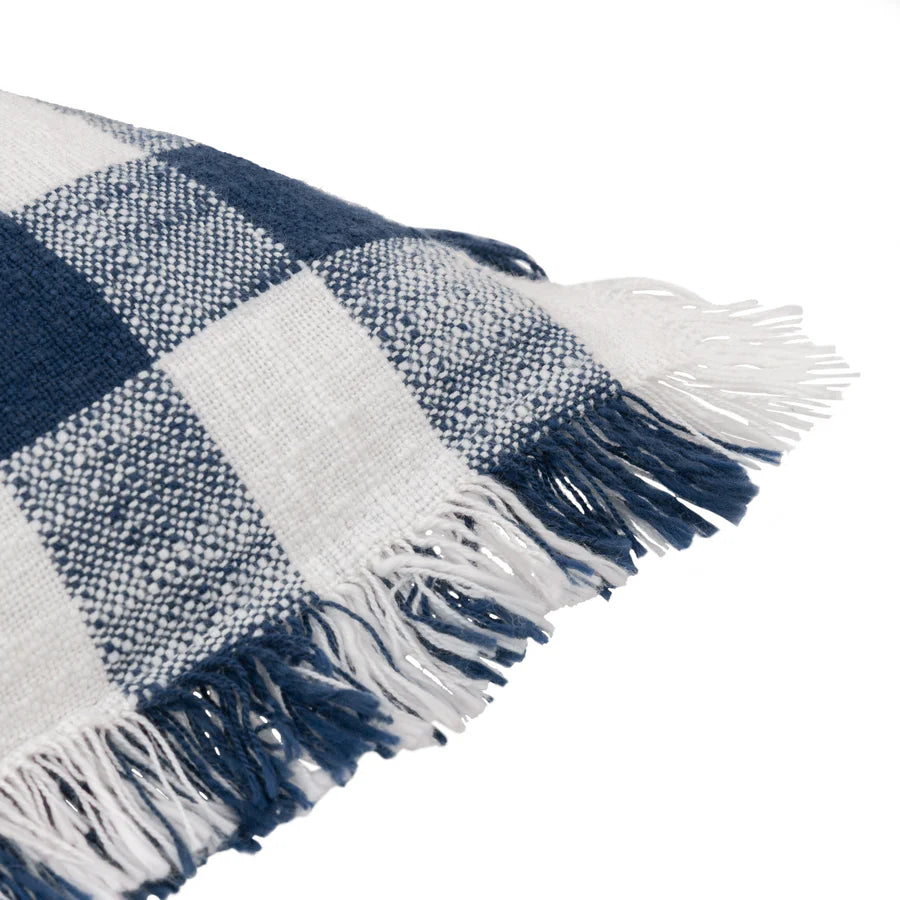 Barton Check Fringed Cushion - Navy