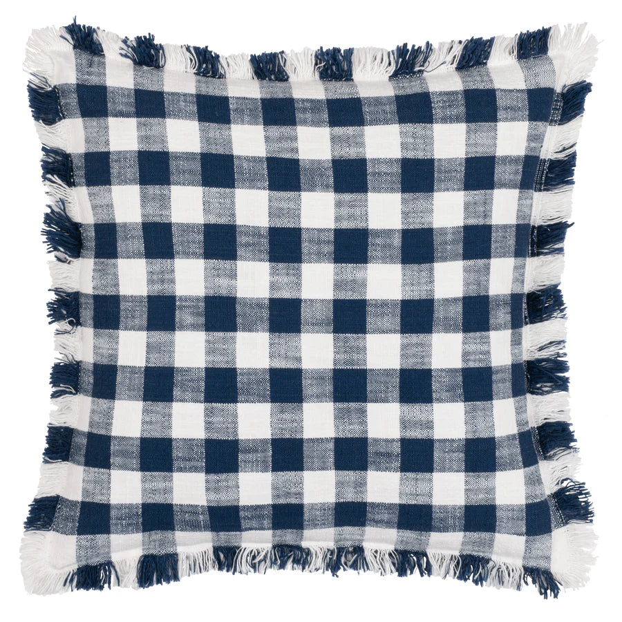 Barton Check Fringed Cushion - Navy