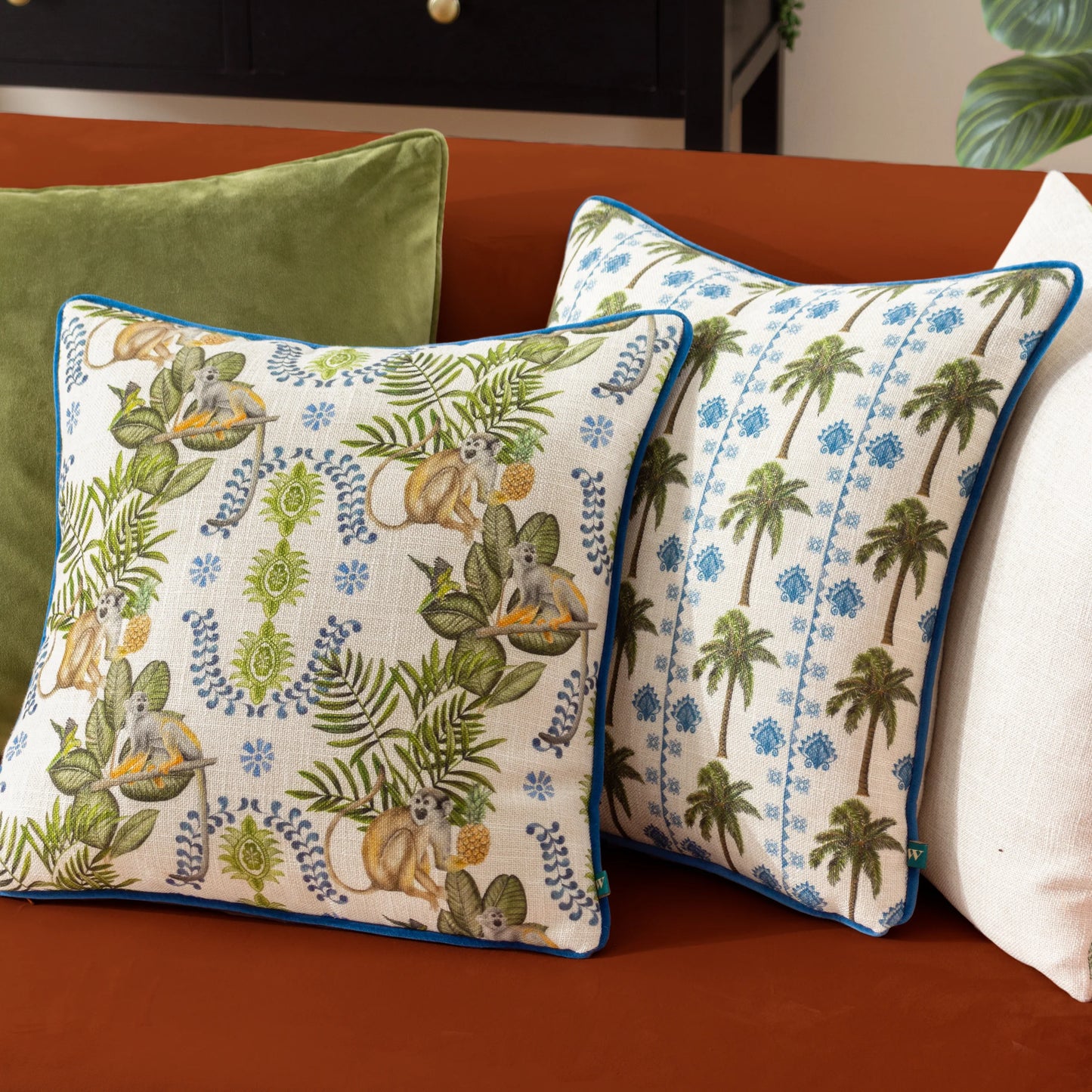 Blue & Green Palm Tropical Jungle Cushion