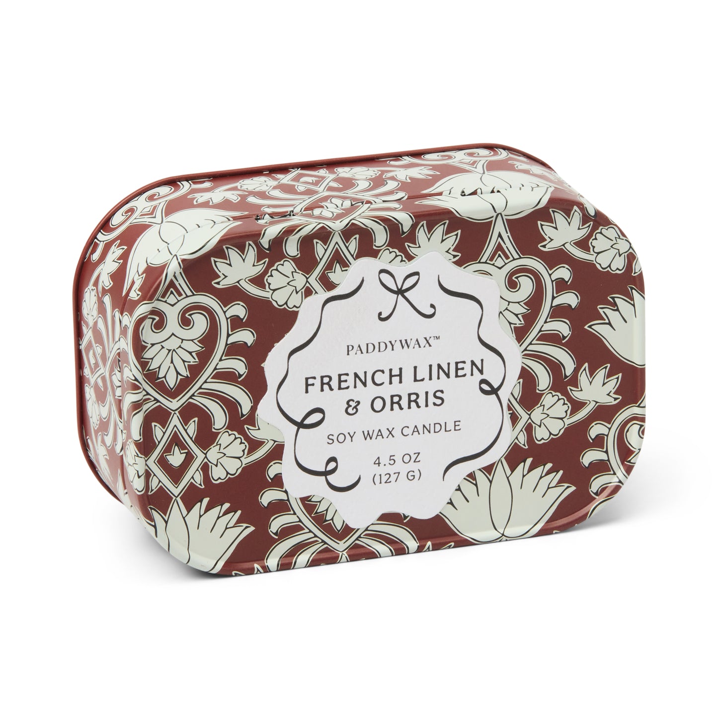 Cherie Printed Tin Candle - Crimson & Cream - French Linen & Orris