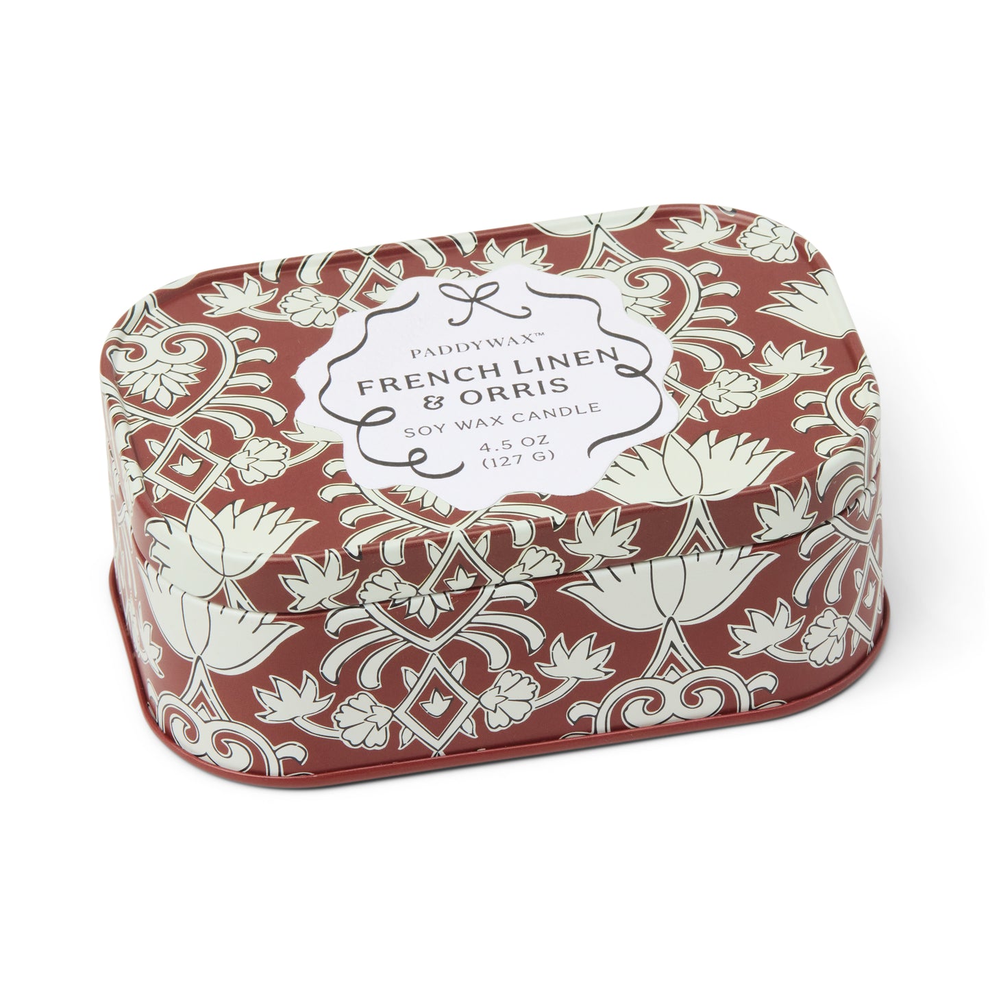 Cherie Printed Tin Candle - Crimson & Cream - French Linen & Orris