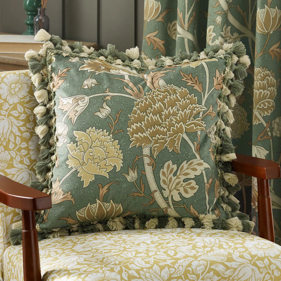 Morris & Co. Cray Tasselled Velvet Cushion - Sage/Sunflower