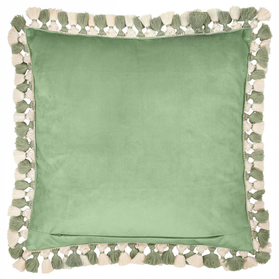 Morris & Co. Cray Tasselled Velvet Cushion - Sage/Sunflower