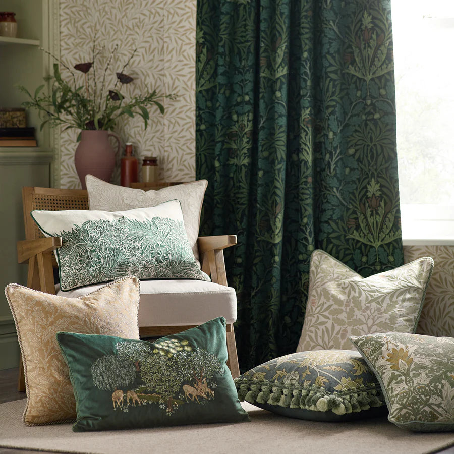 Morris & Co. Cray Tasselled Velvet Cushion - Sage/Sunflower