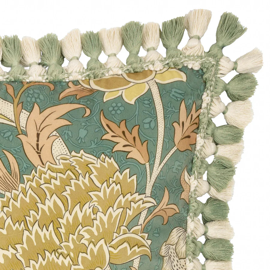 Morris & Co. Cray Tasselled Velvet Cushion - Sage/Sunflower