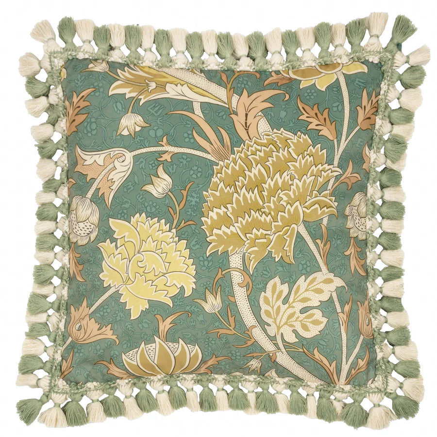 Morris & Co. Cray Tasselled Velvet Cushion - Sage/Sunflower