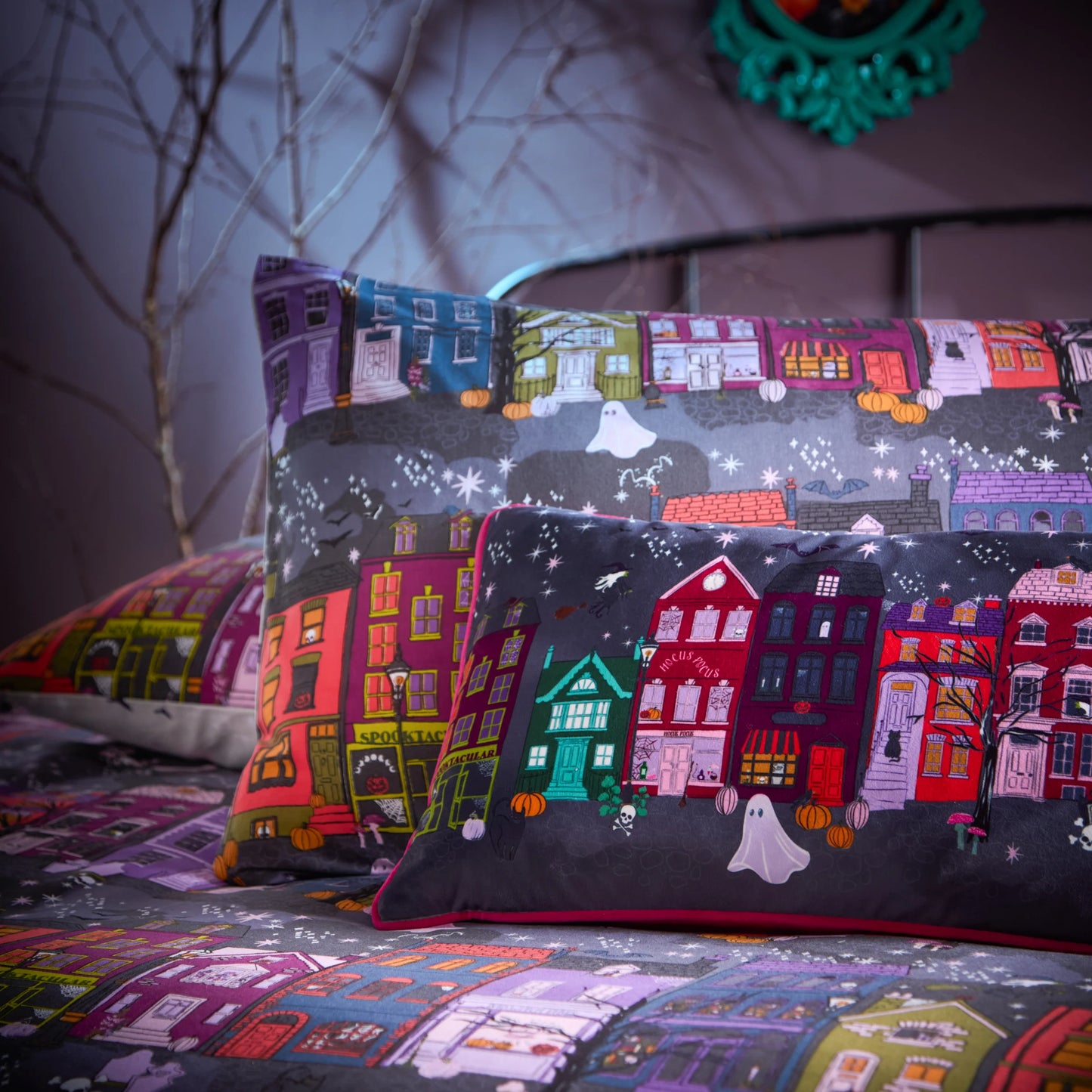 Black & Pink Velvet Halloween Piped Cushion