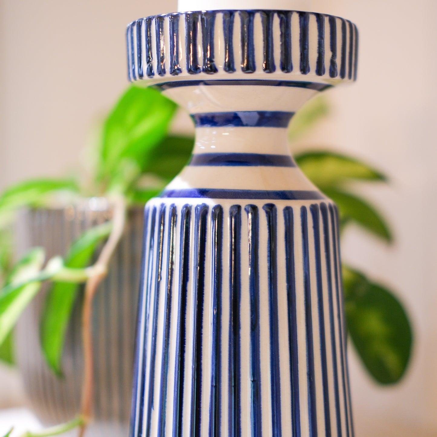 Blue and Cream Stripe Candle Holder