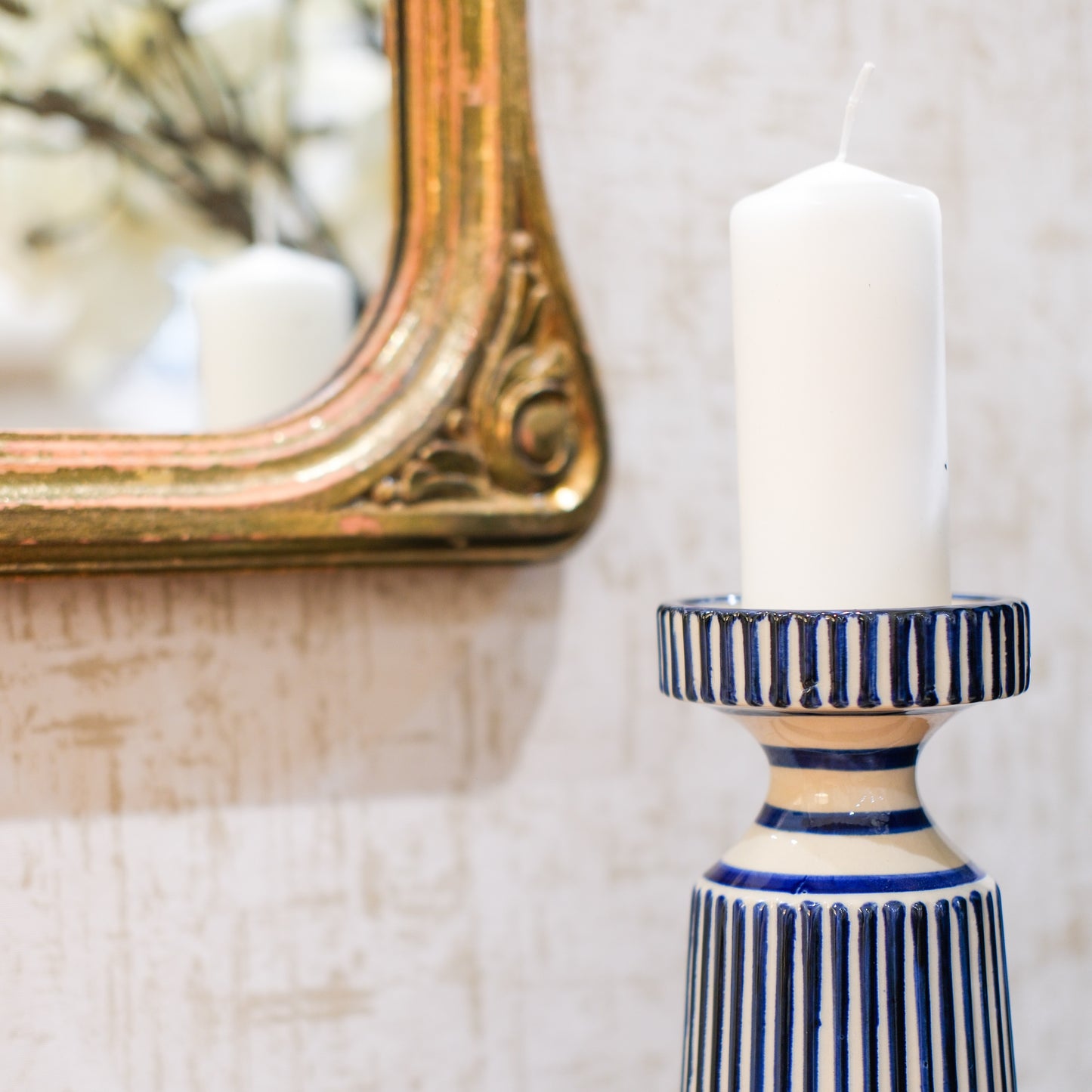 Blue and Cream Stripe Candle Holder