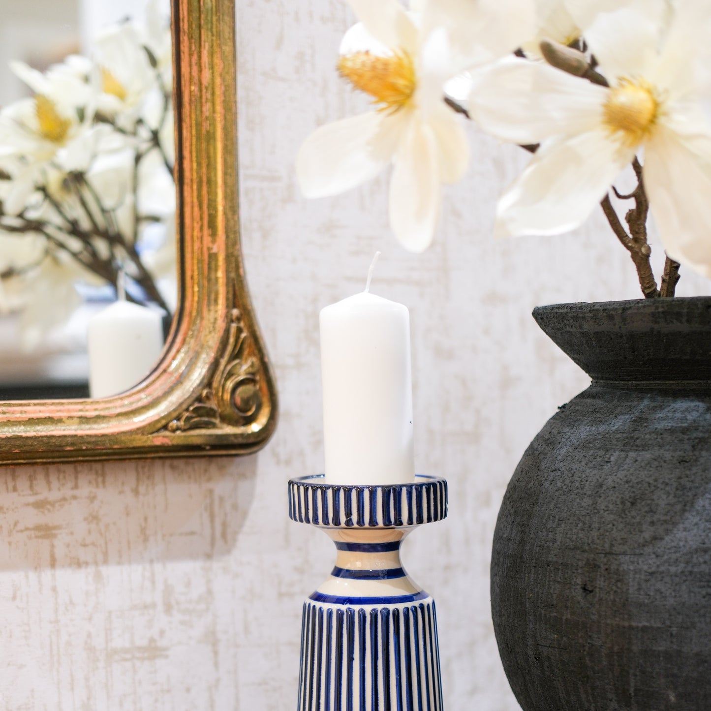 Blue and Cream Stripe Candle Holder