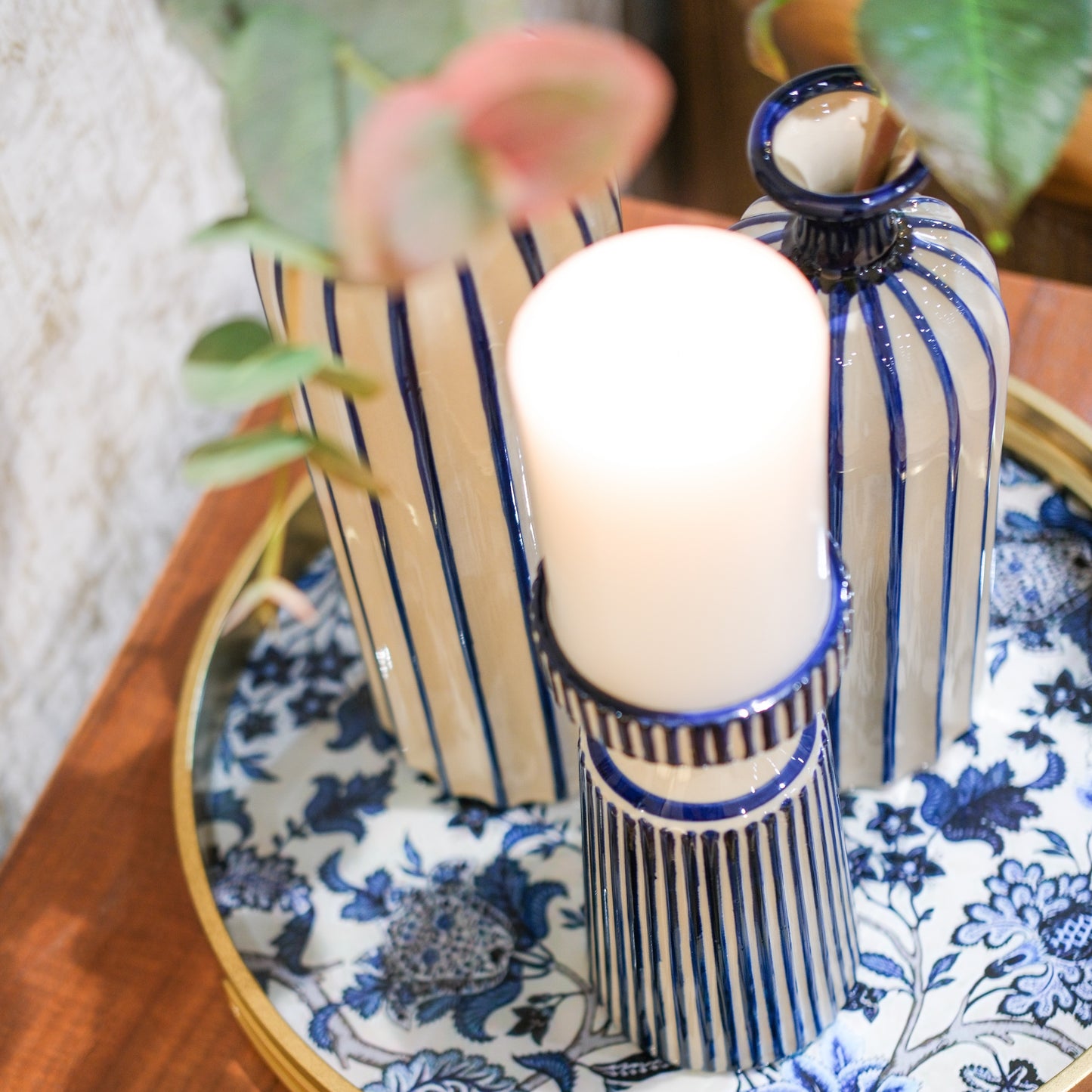 Blue and Cream Stripe Candle Holder