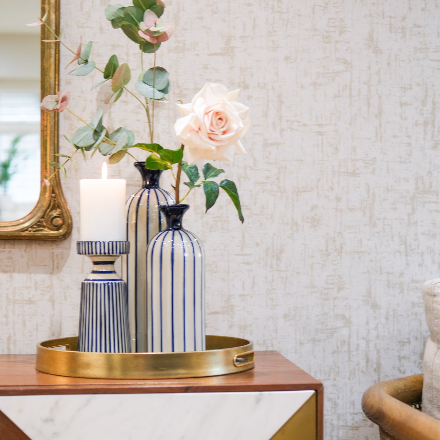 Blue and Cream Stripe Candle Holder