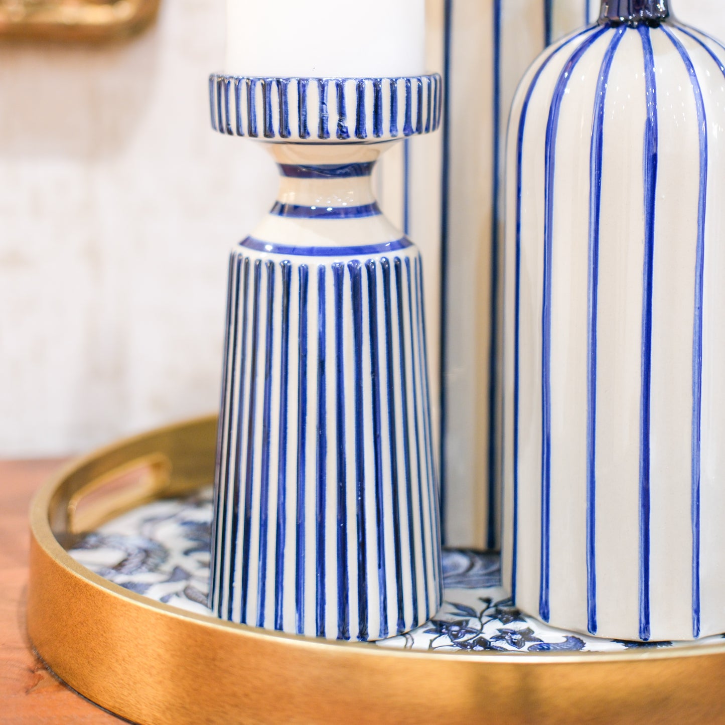 Blue and Cream Stripe Candle Holder