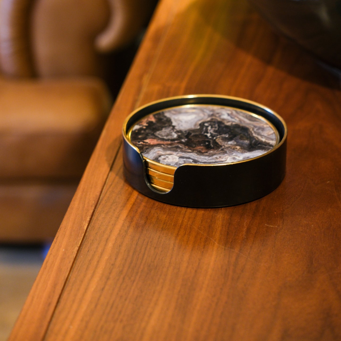 Set of 4 Black Marble Effect Coasters with Holder