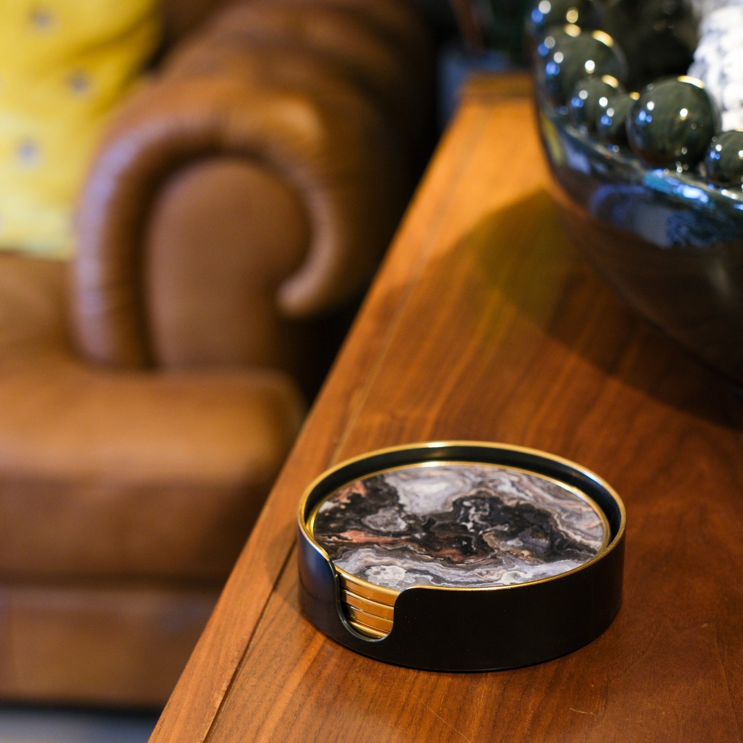 Set of 4 Black Marble Effect Coasters with Holder