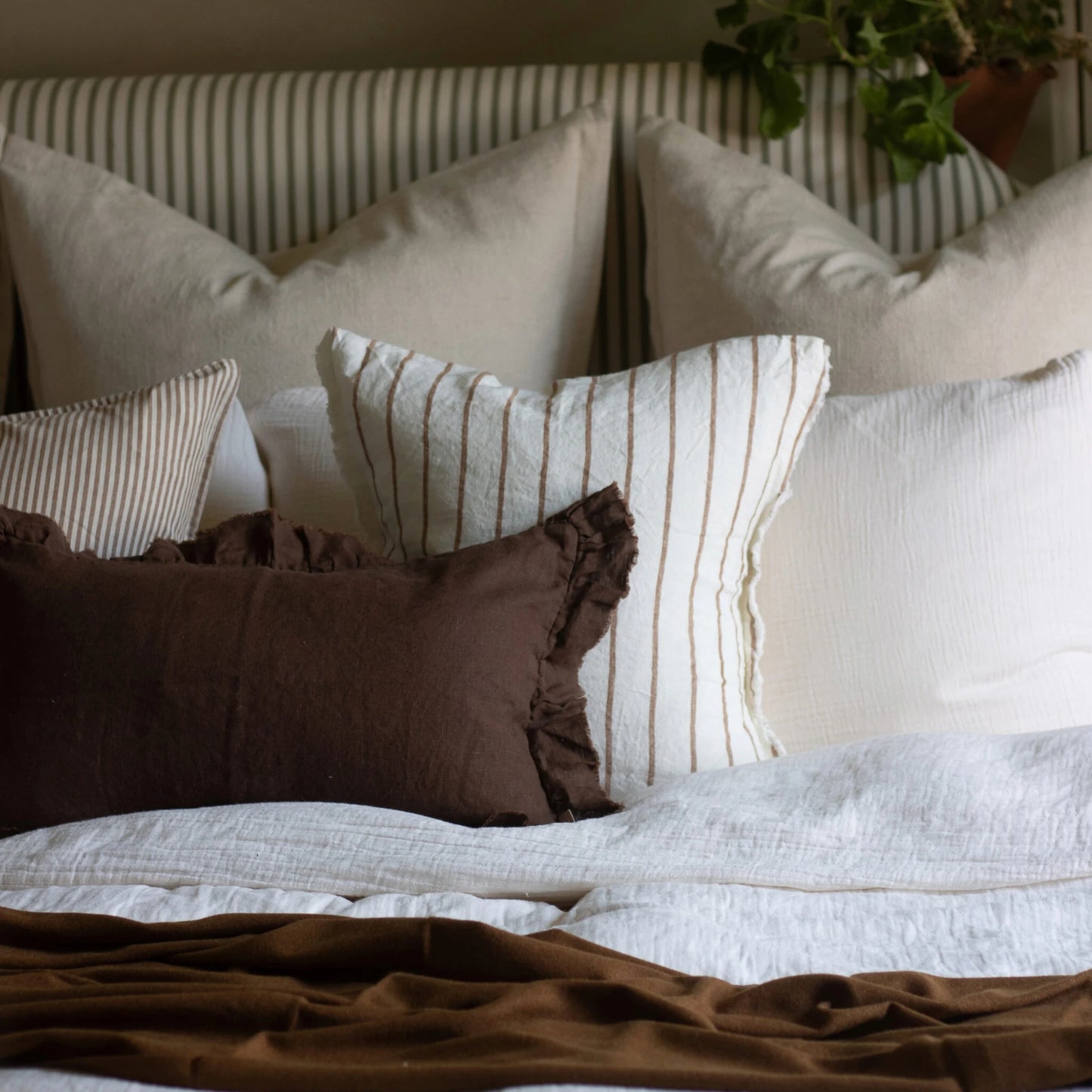 Dark Brown Rectangular Ruffled Linen Cushion