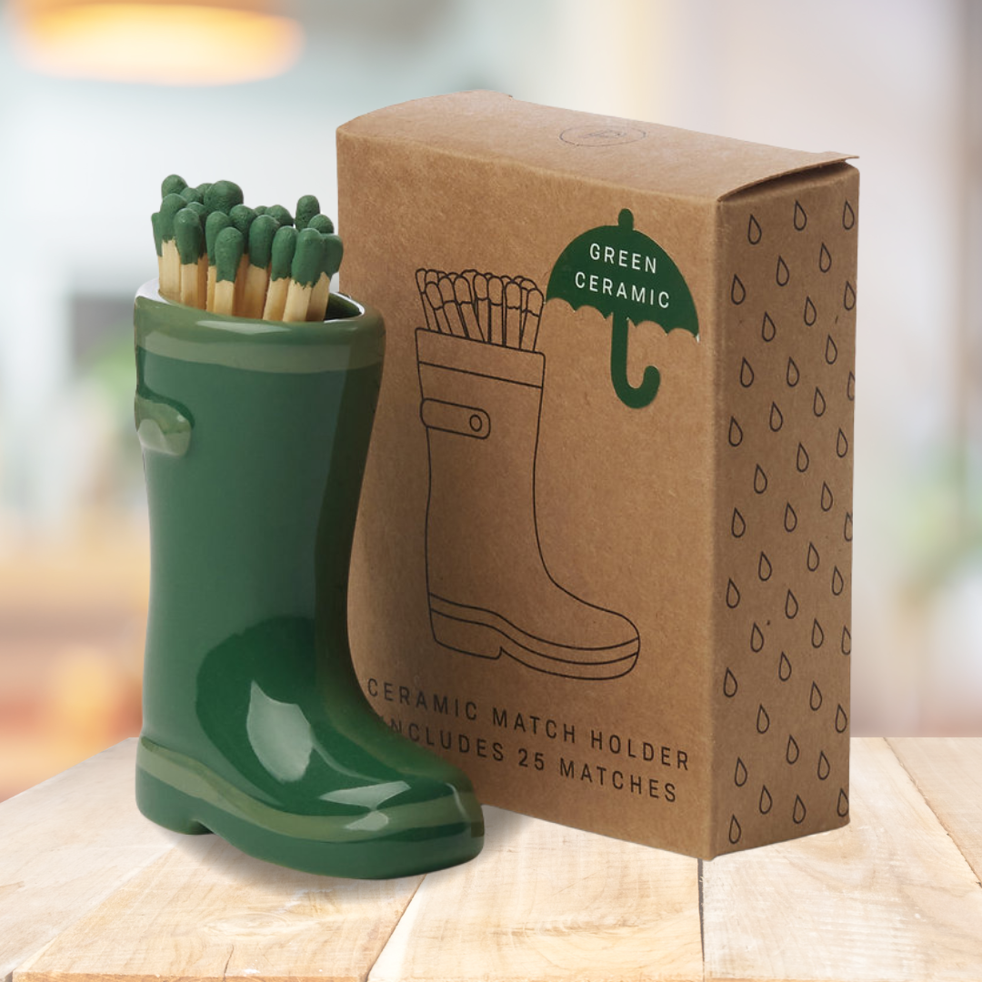 Wellington Boot Matches Holder with 25 Matches Dark & Light Green