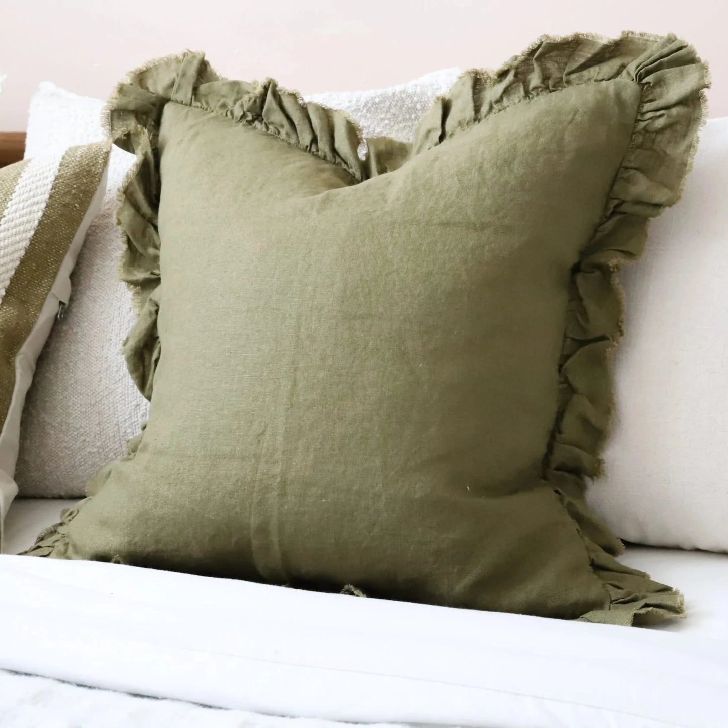 Olive Ruffle Linen Cushion
