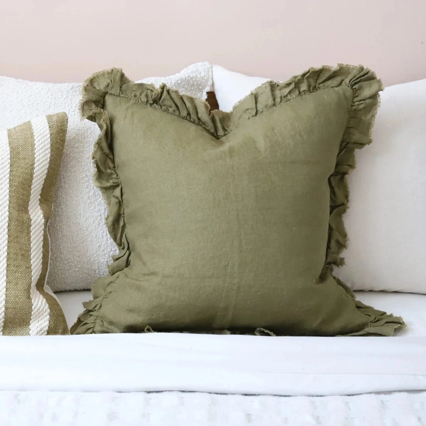 Olive Ruffle Linen Cushion