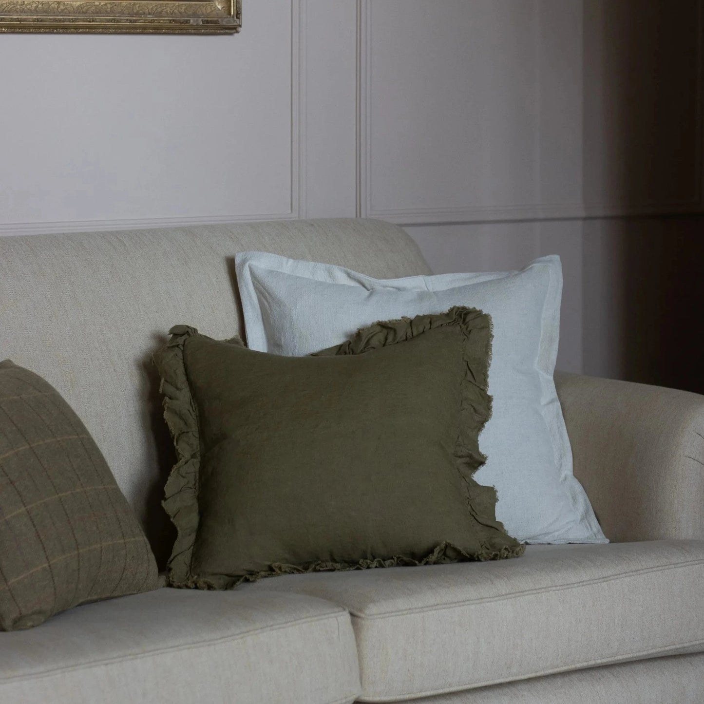 Olive Ruffle Linen Cushion