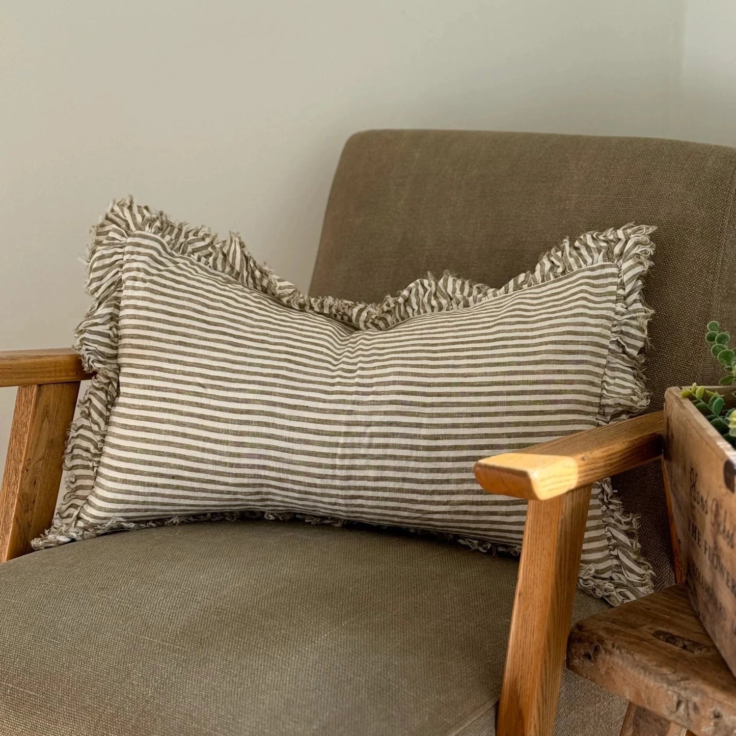 Olive Stripe Rectangular Ruffled Linen Cushion
