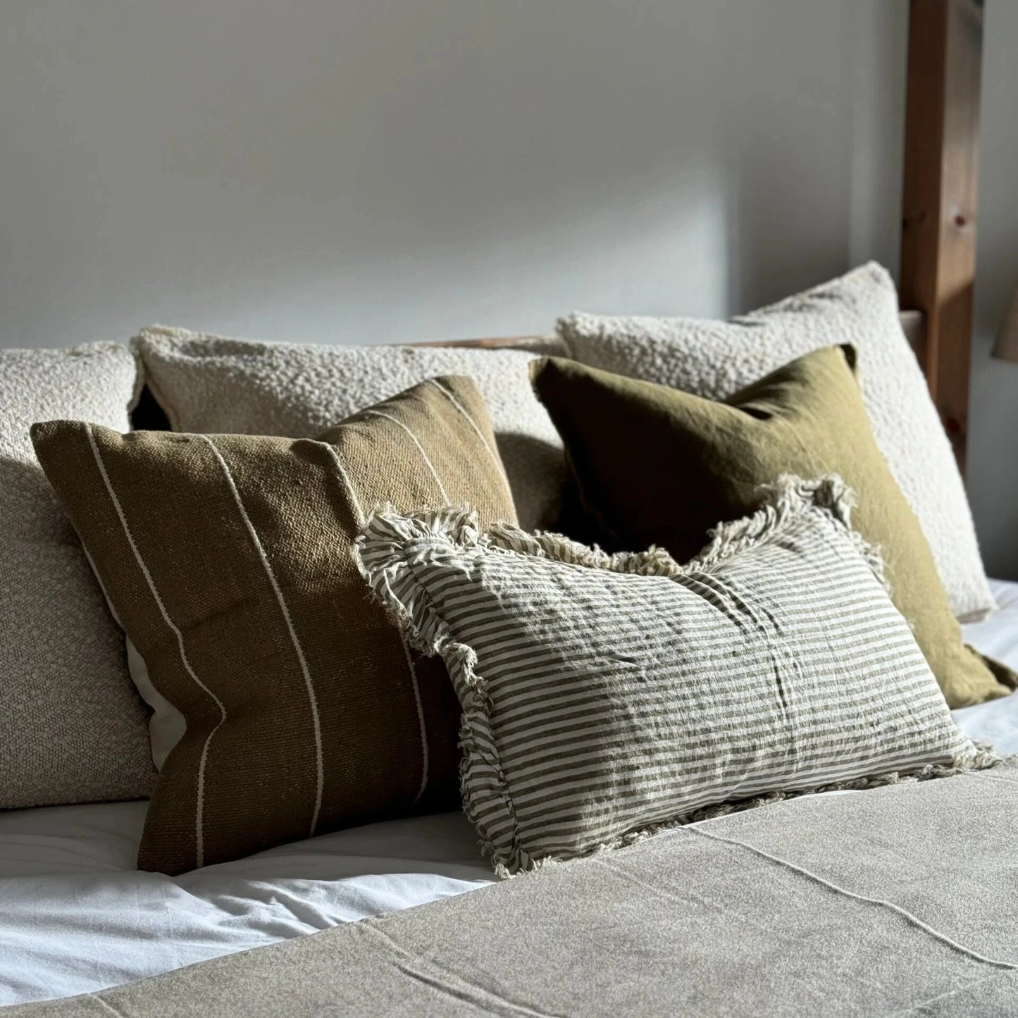 Olive Stripe Rectangular Ruffled Linen Cushion