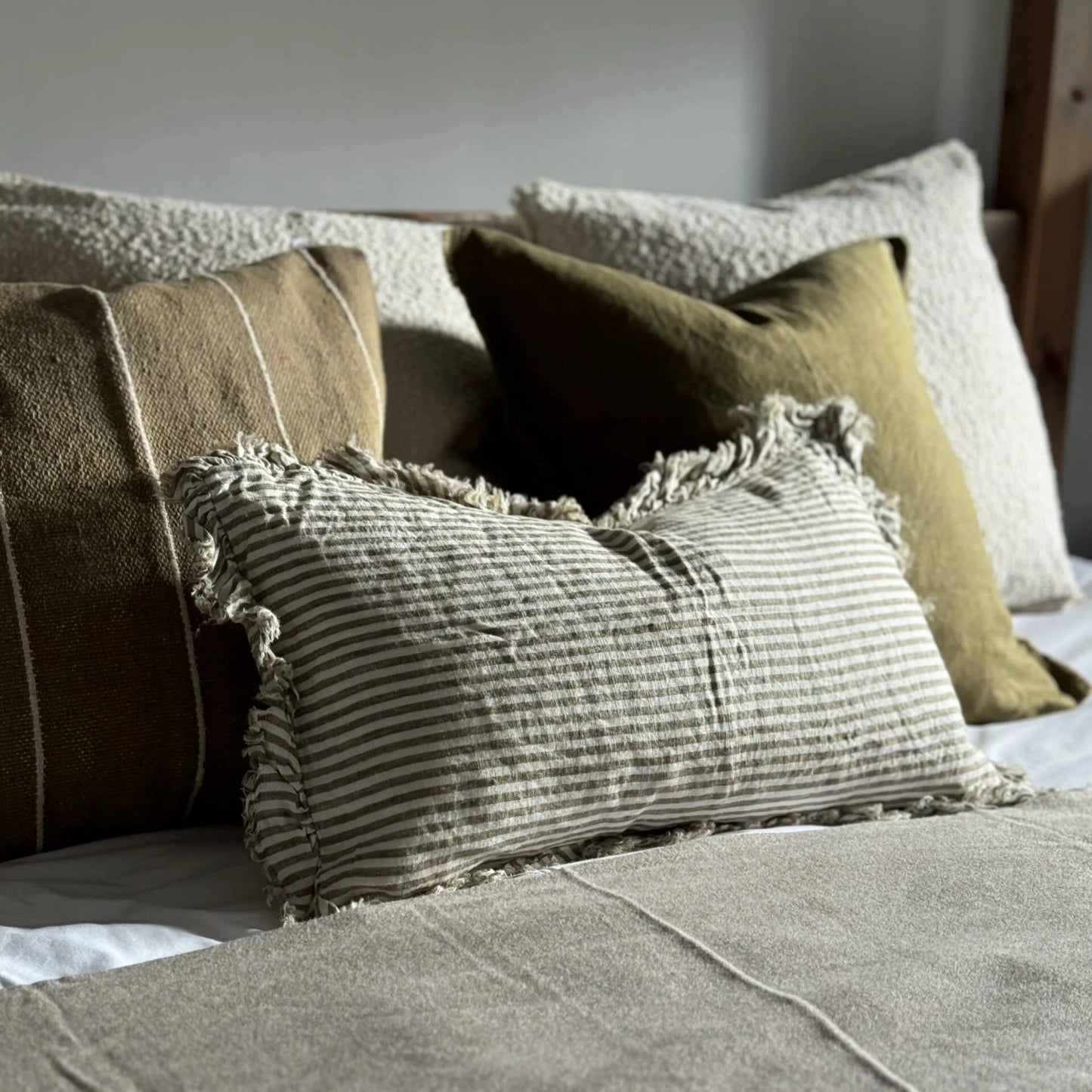 Olive Stripe Rectangular Ruffled Linen Cushion