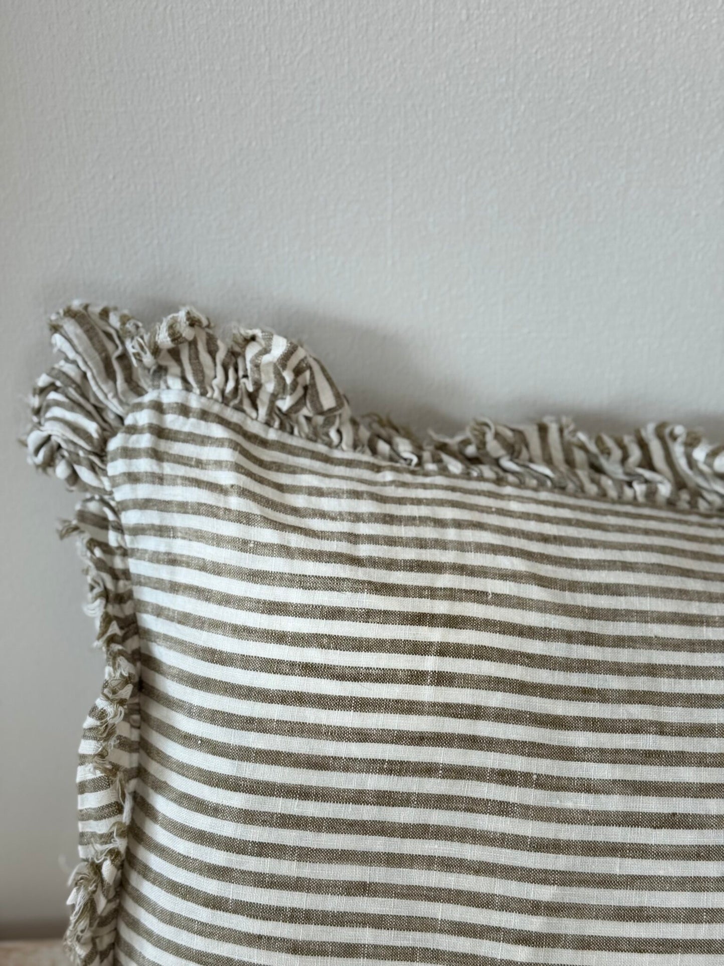 Hallie Olive Stripe Ruffle Linen Bolster Cushion