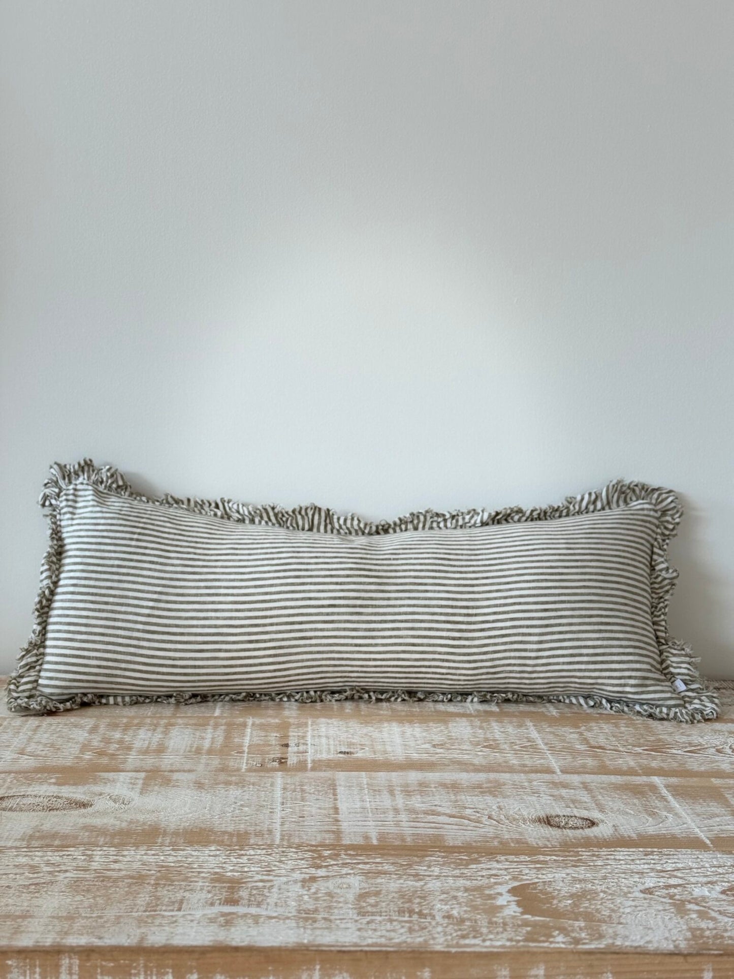 Hallie Olive Stripe Ruffle Linen Bolster Cushion