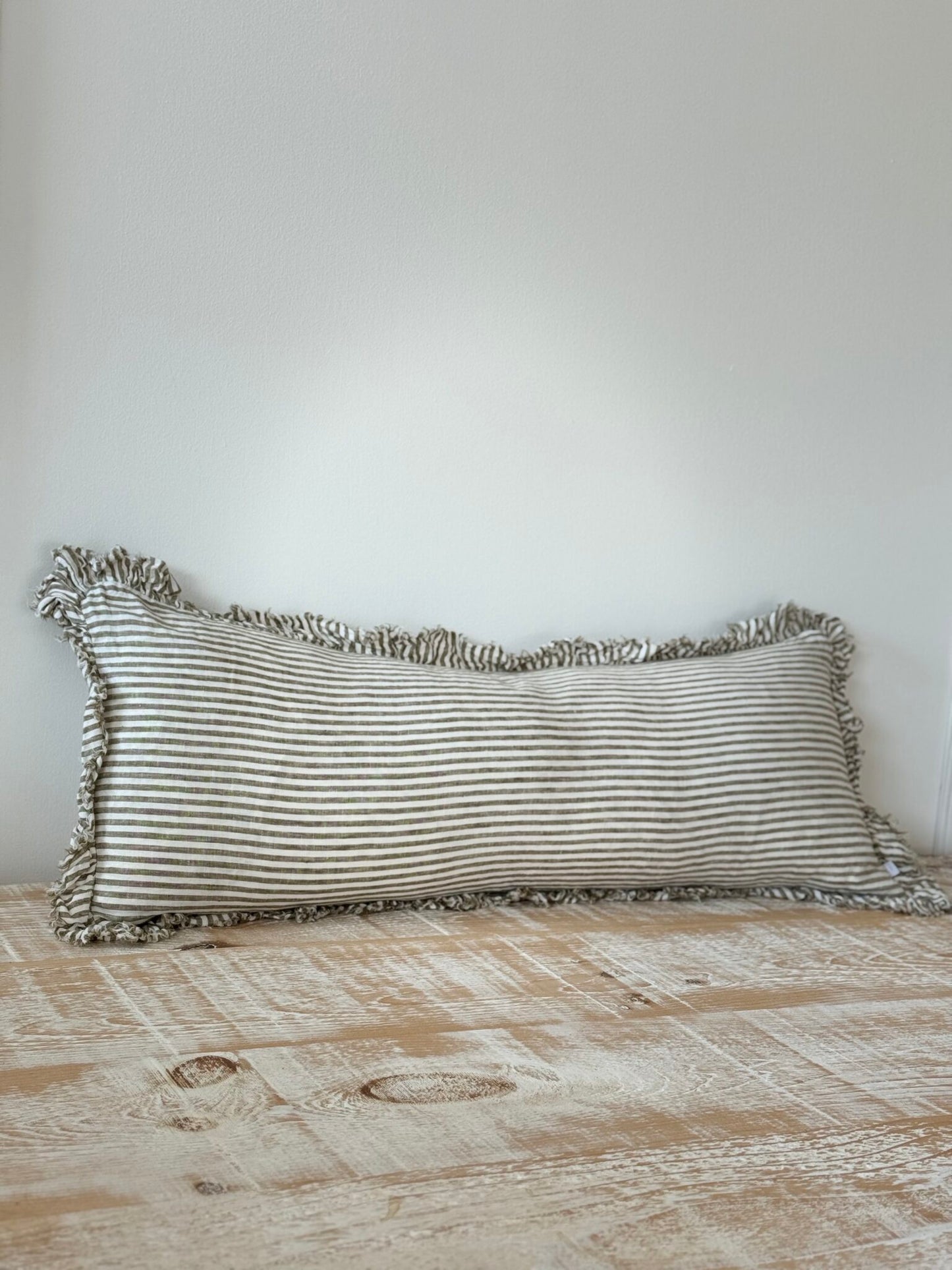 Hallie Olive Stripe Ruffle Linen Bolster Cushion