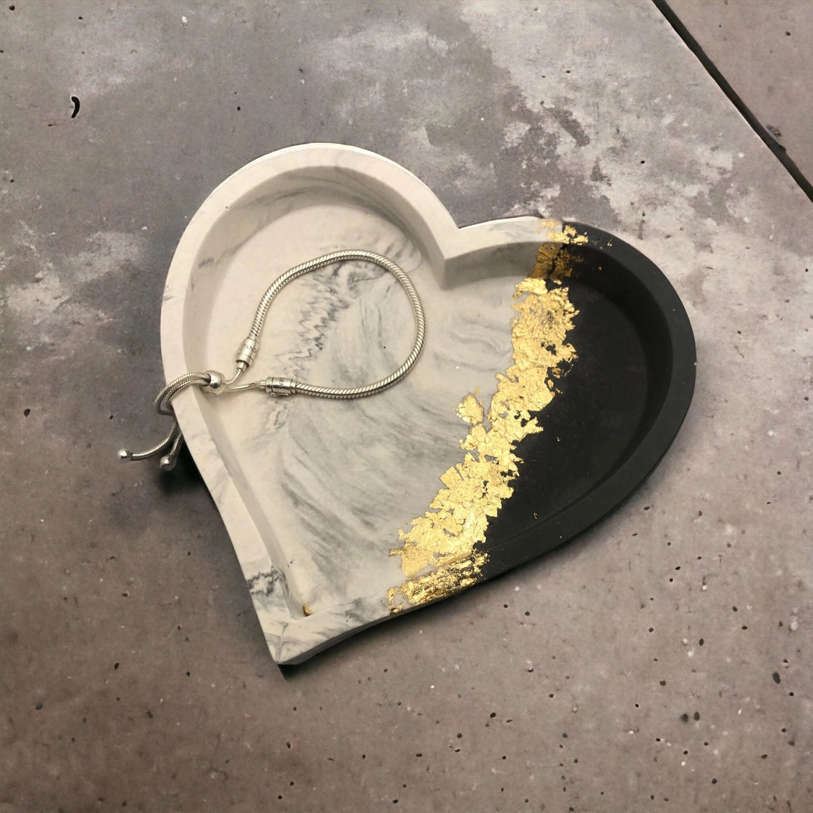 Grey Marble Heart Dish with Gold Leaf Detail