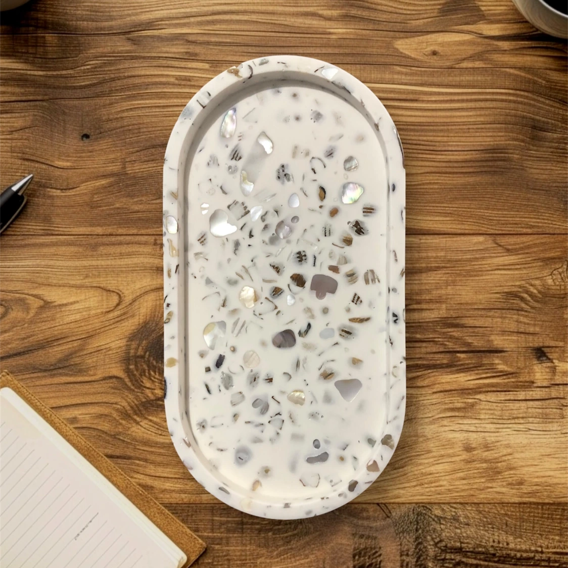 Handmade Jesmonite Oval Tray in White with Oyster Shells