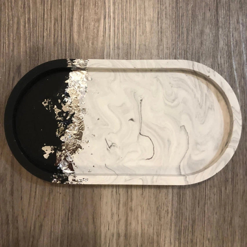 Black & White Marble Oval Tray with Silver Leaf Details