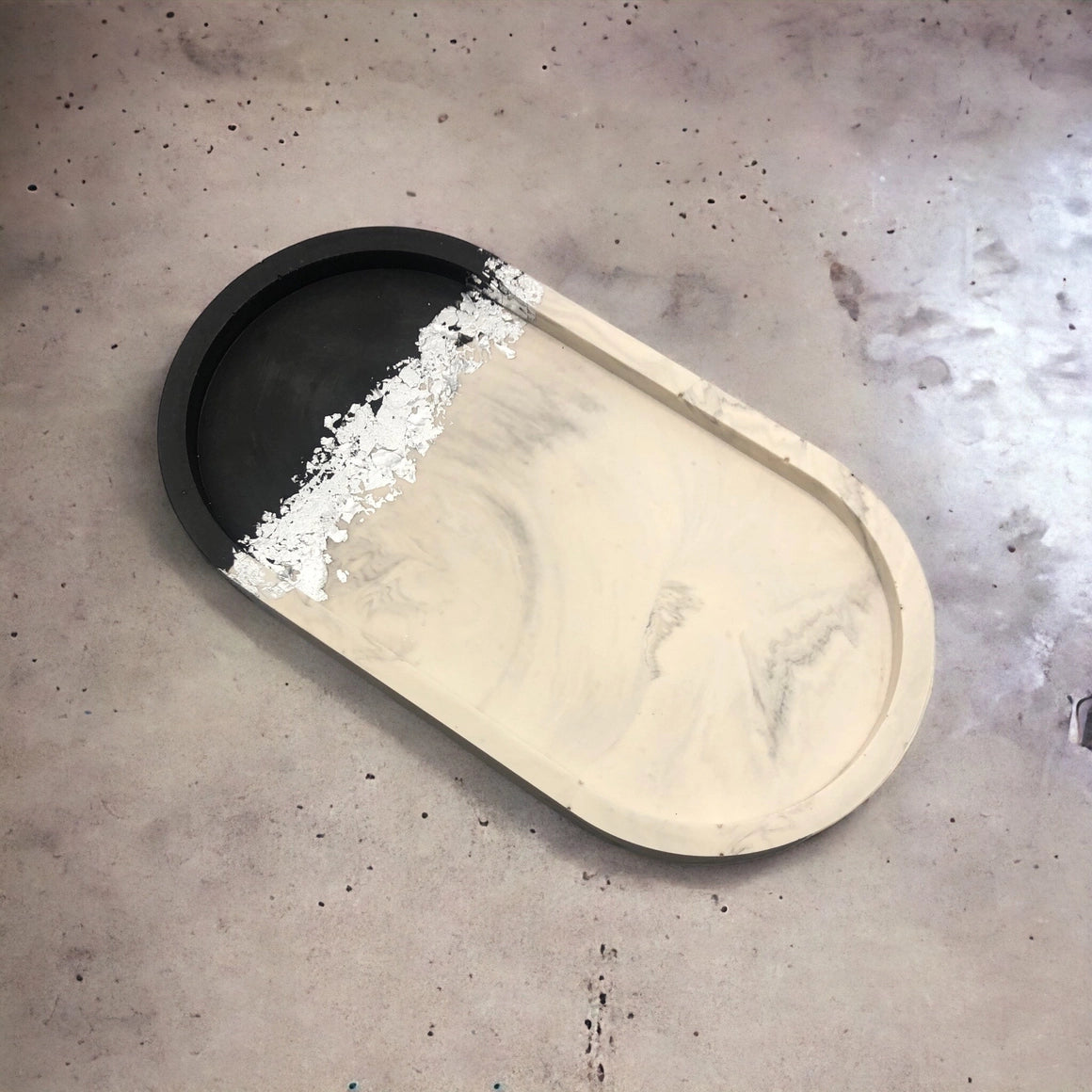 Black & White Marble Oval Tray with Silver Leaf Details
