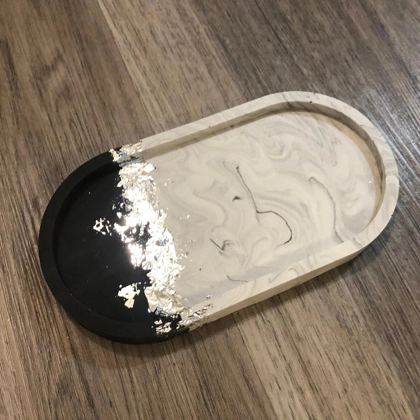 Black & White Marble Oval Tray with Silver Leaf Details