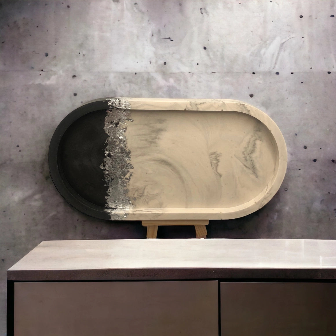 Black & White Marble Oval Tray with Silver Leaf Details
