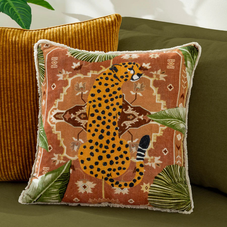 Kilim Cheetah Printed Velvet Cushion - Terracotta