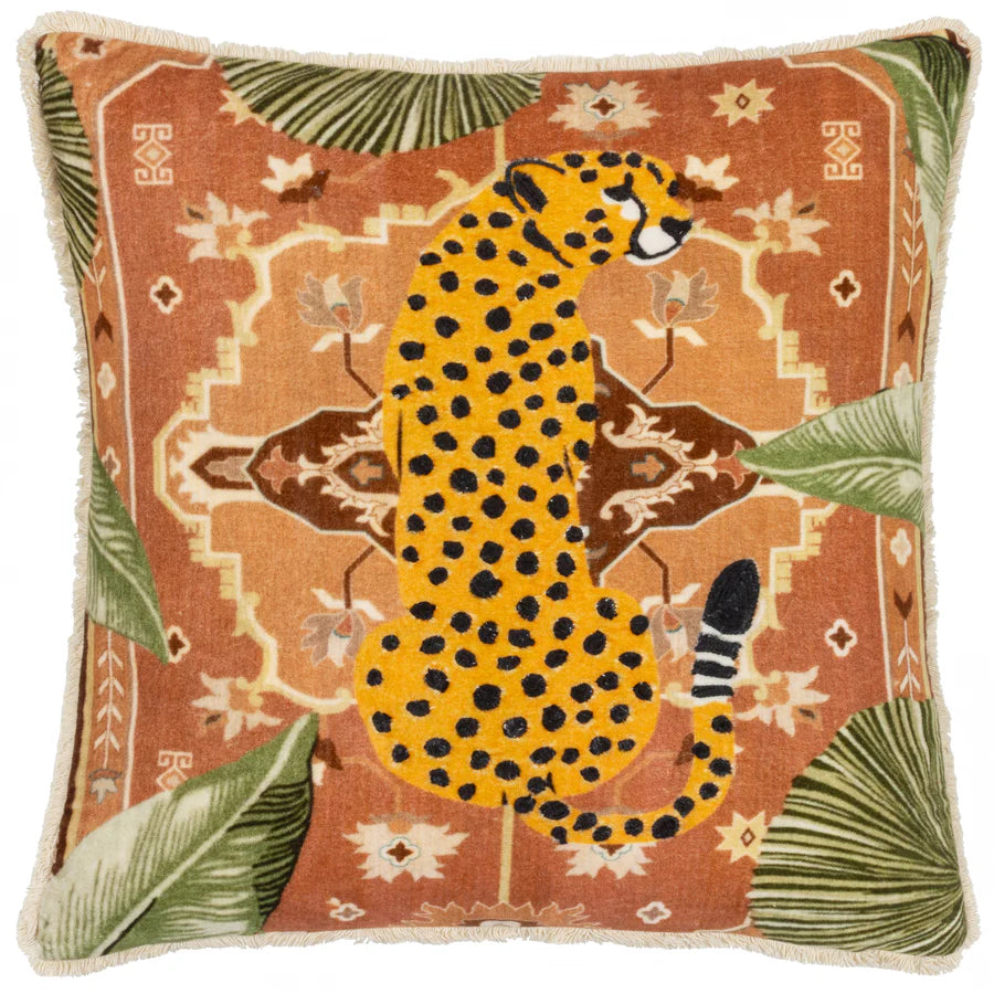 Kilim Cheetah Printed Velvet Cushion - Terracotta
