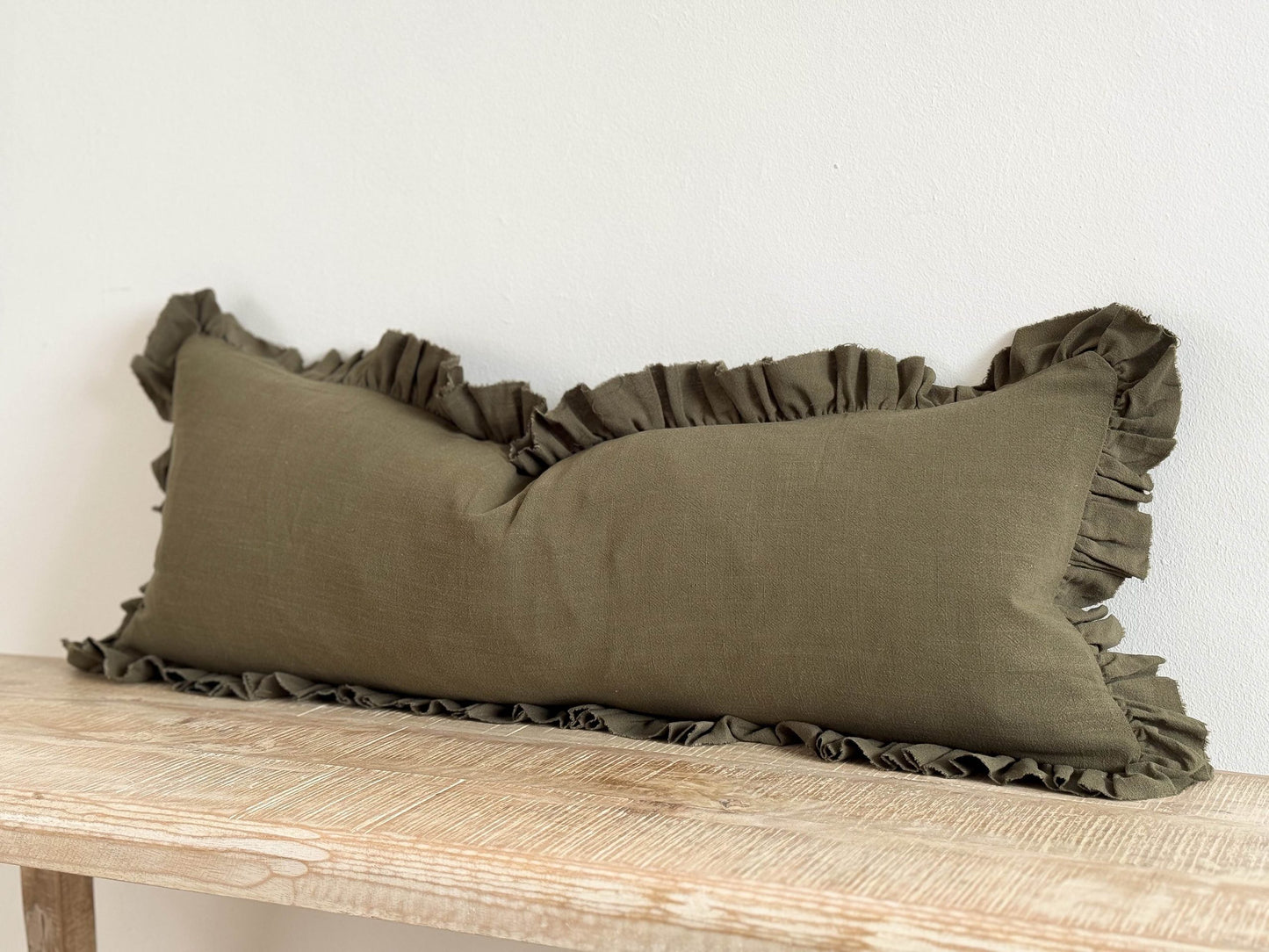 Hallie Olive Ruffle Linen Bolster Cushion
