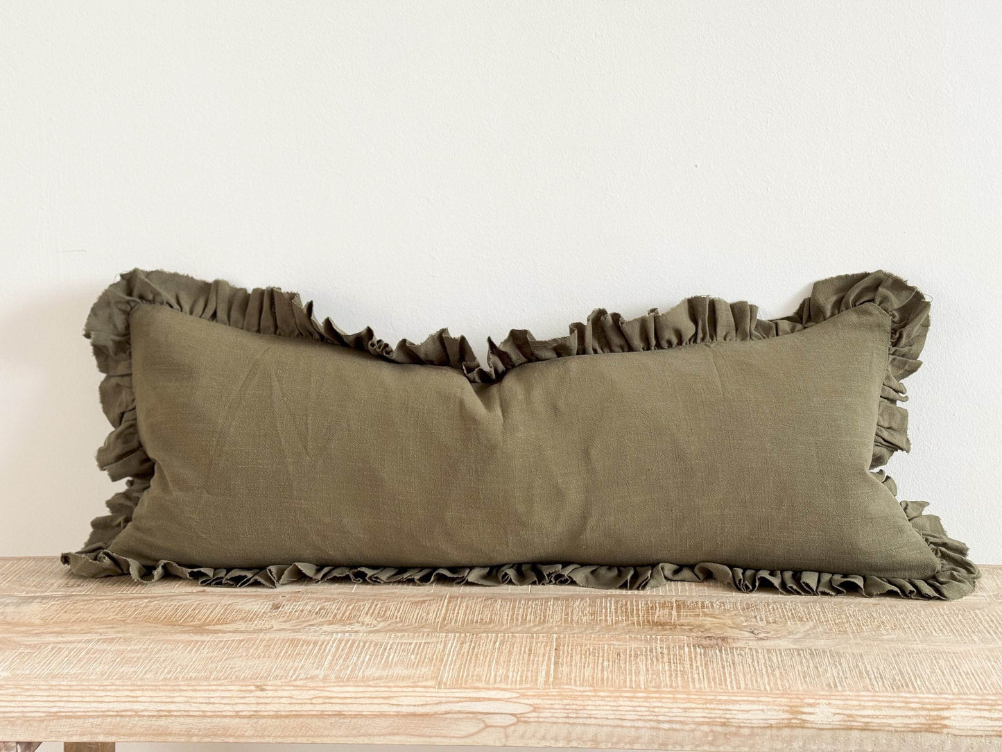 Hallie Olive Ruffle Linen Bolster Cushion