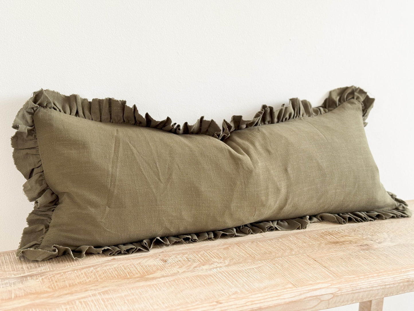 Hallie Olive Ruffle Linen Bolster Cushion
