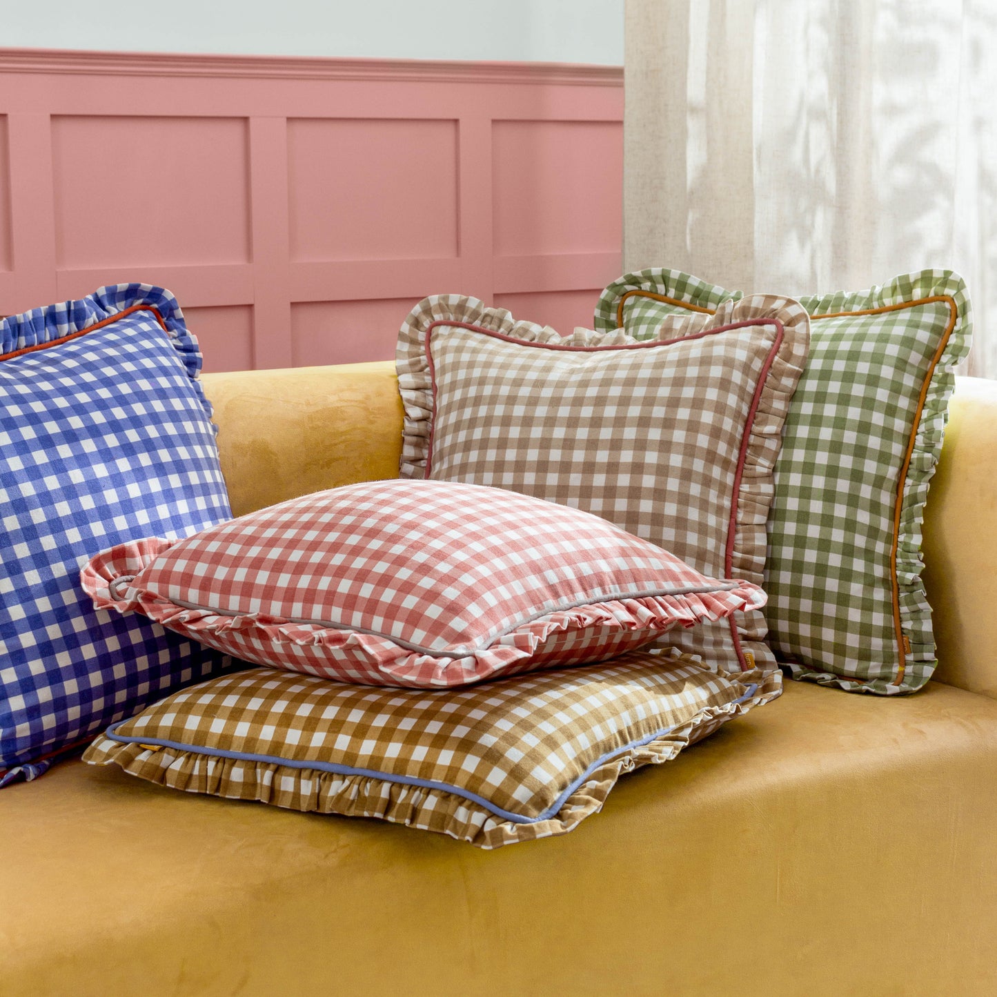 Gingham Reversible Piped Cushion Gold