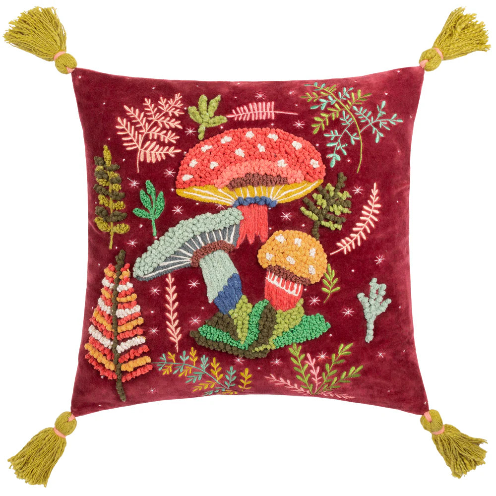 Magic Mushrooms Tassle Cushion - Ruby Red