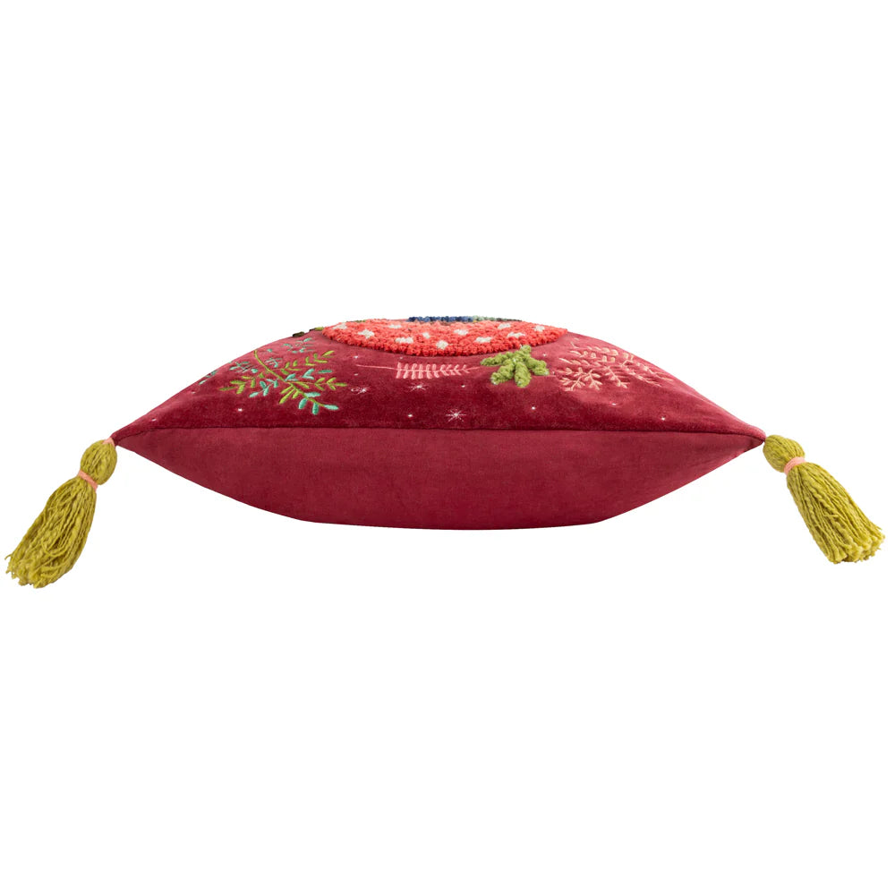 Magic Mushrooms Tassle Cushion - Ruby Red