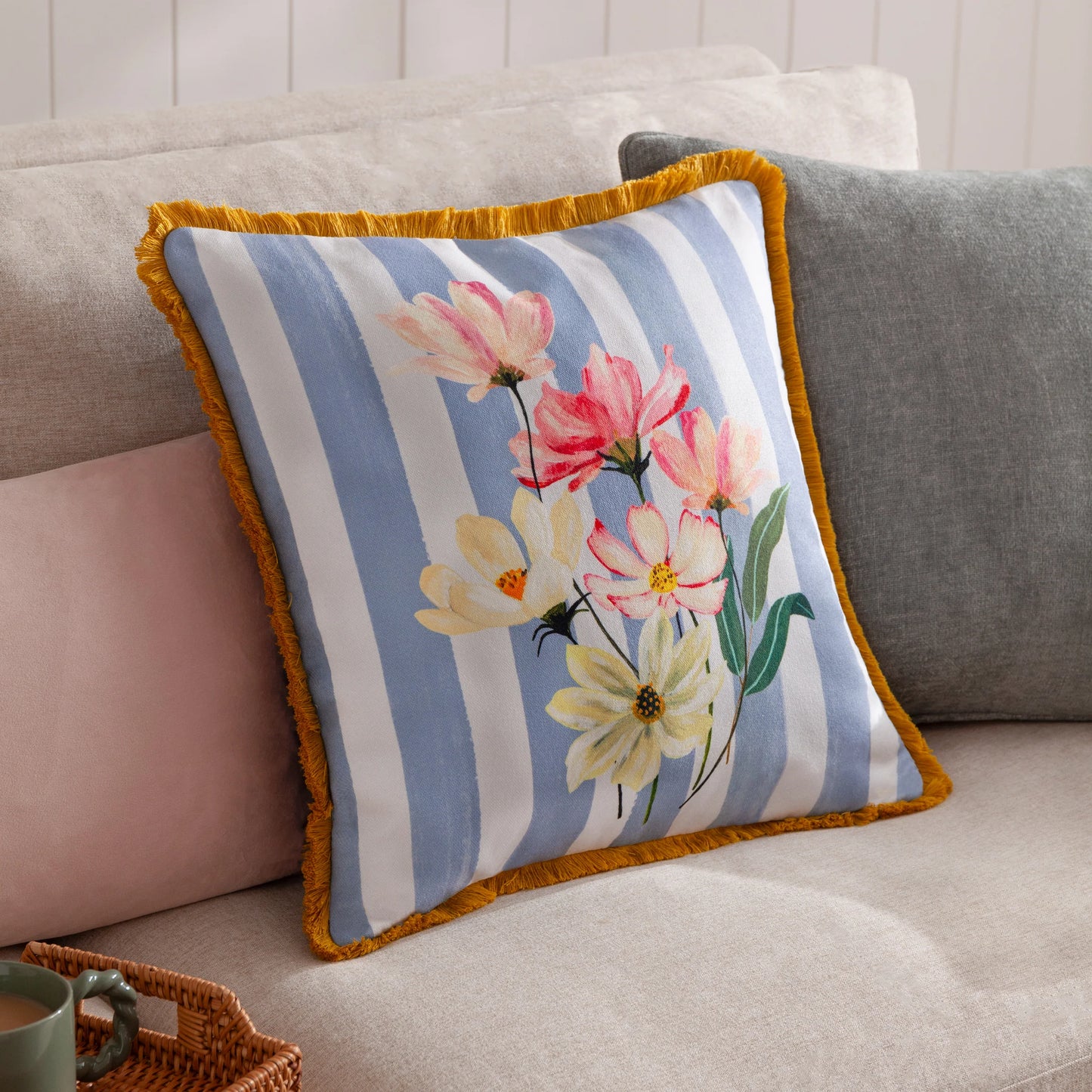 Marais Cosmos Printed Chenille Cushion - Blue/Yellow