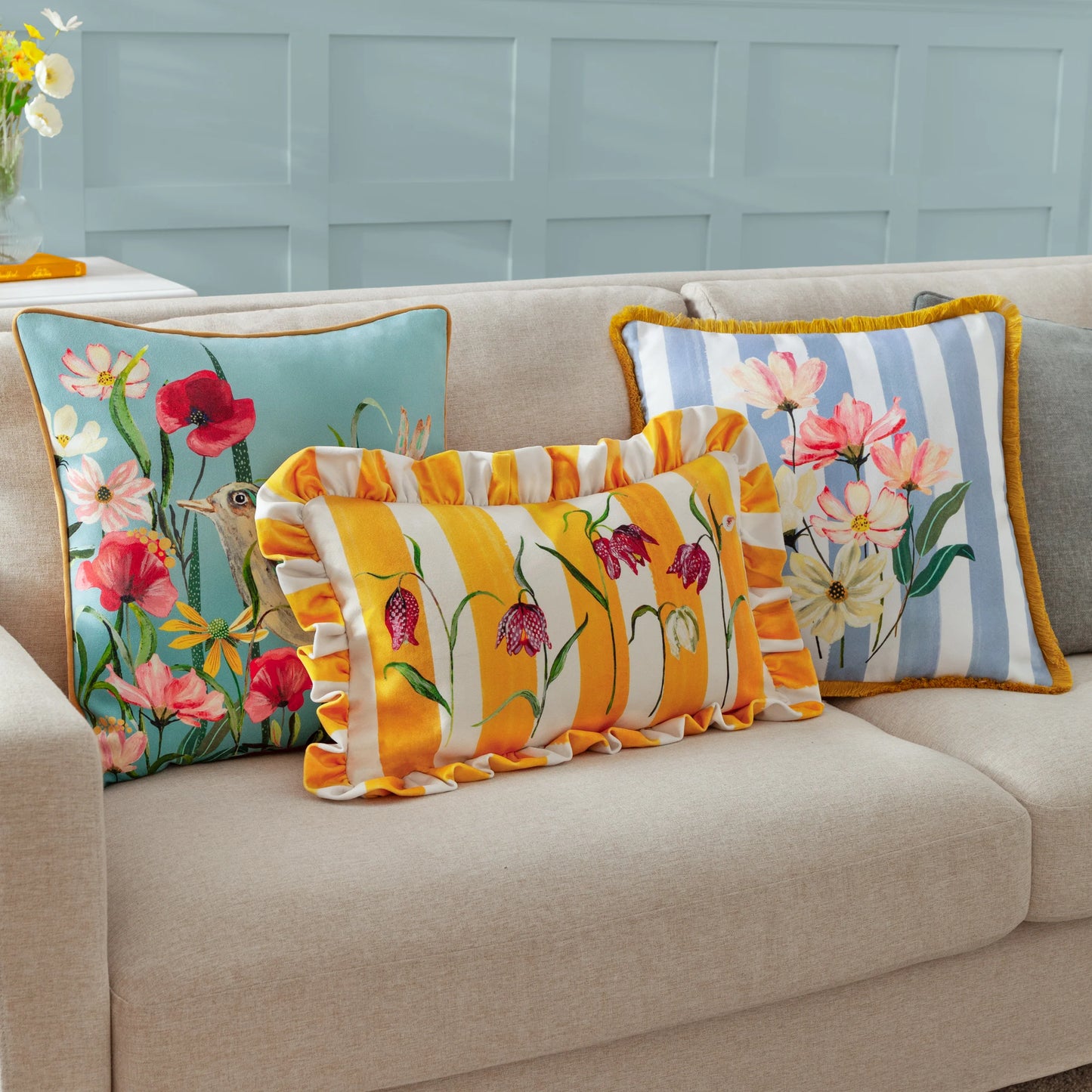 Marais Cosmos Printed Chenille Cushion - Blue/Yellow