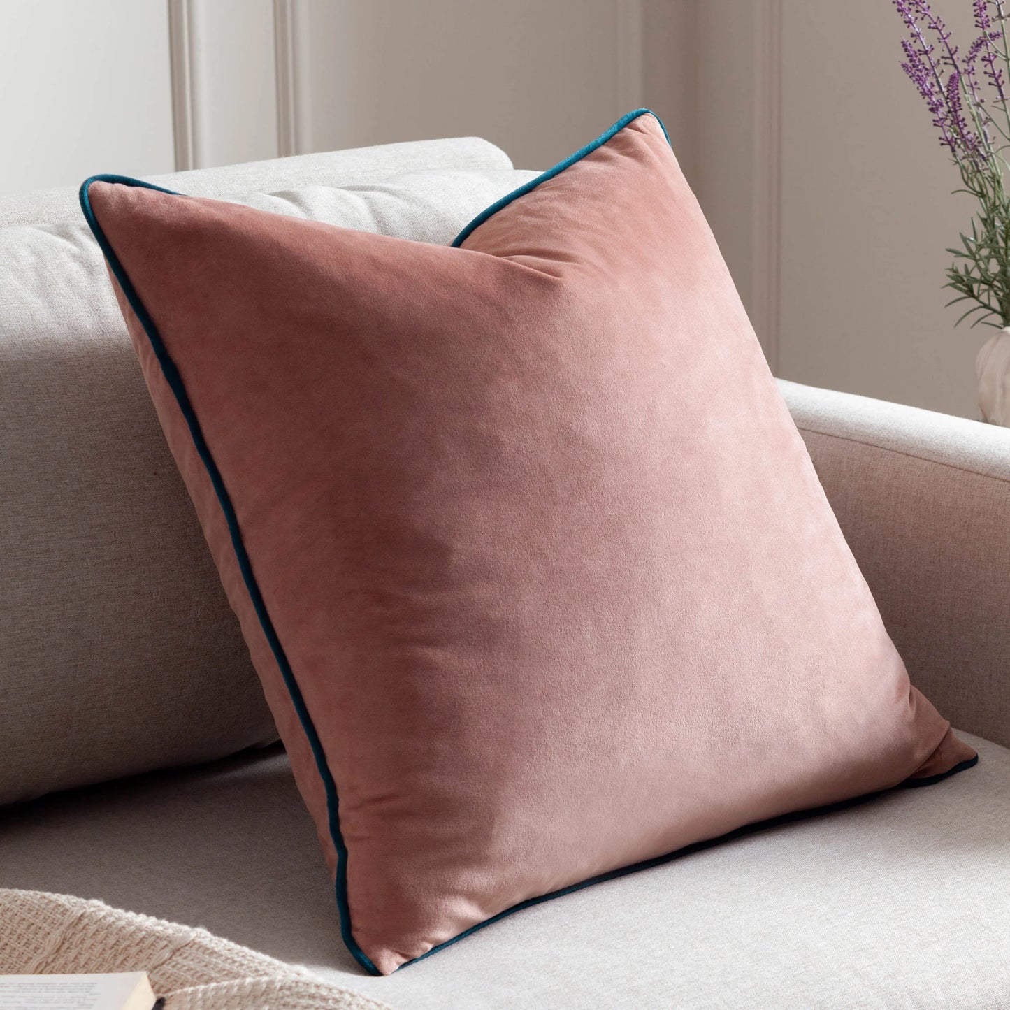 Large Piped Velvet Cushion in Blush & Teal